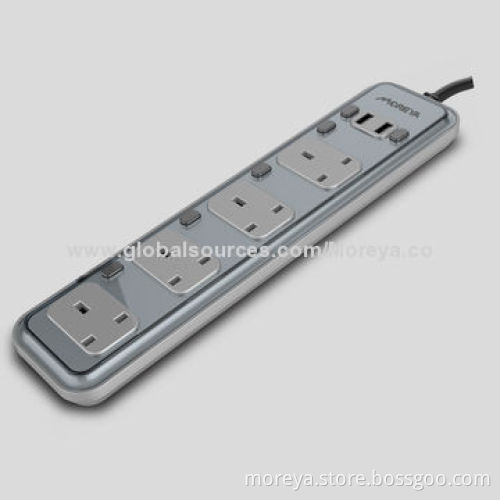 UK Standard Power Strip with 4 Sockets Outlets, 2 USB Charging ports and Individual Switches